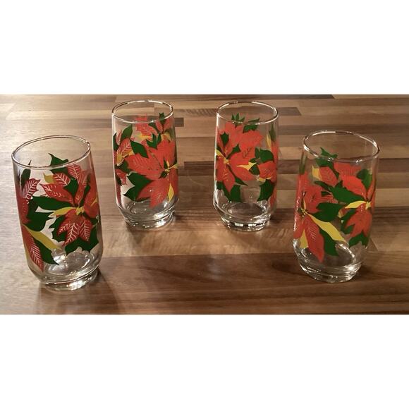 Set 4 Vintage Anchor Hocking Christmas Poinsettia 12 Oz Tumbler Drinking Glasses - Picture 4 of 9